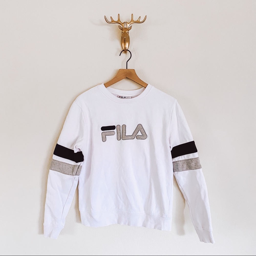 FILA Women's White Logo Crewneck Sweater with Grey & Black Stripes